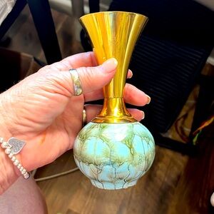 Vintage Delft Holand ceramic and brass 6 inch vase